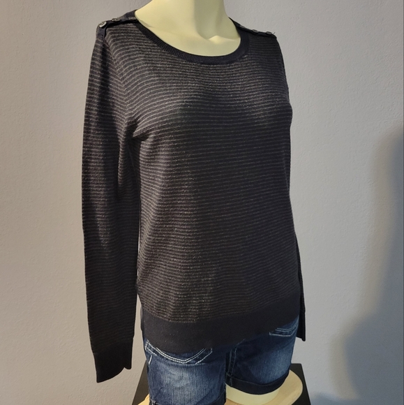 Ann Taylor Loft Navy Blue & Gray Striped Button Shoulder Detail Sweater. - Picture 3 of 6